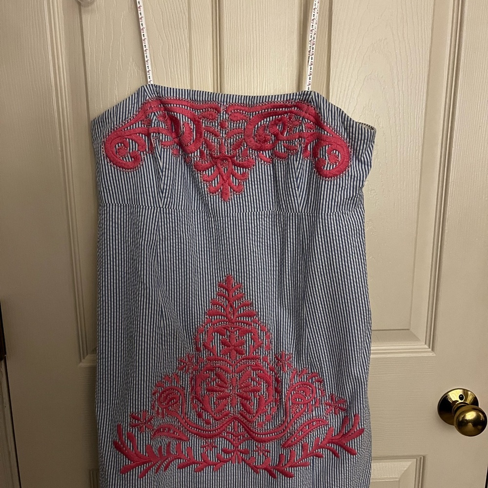 Seersucker Dress with Pink Embroidery